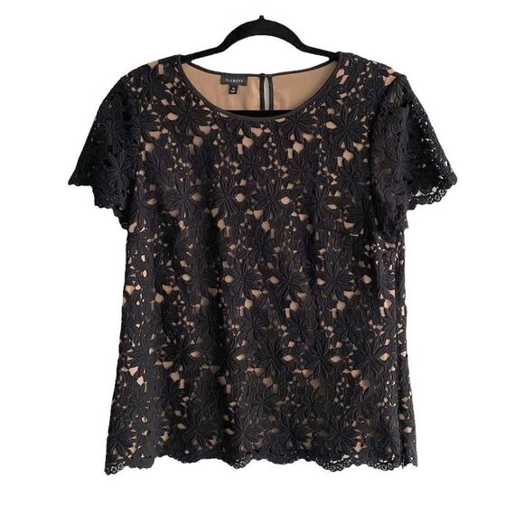 TALBOTS Lace Crew Neck Short Sleeve Blouse Black Camel 10 - Picture 1 of 4